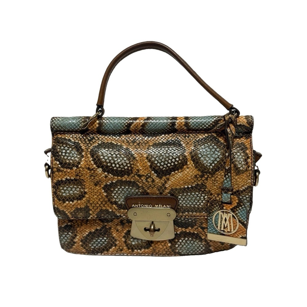 Antonio Melani Snakeskin Printโ Satchel Top Handle Purse Turquoise Brown